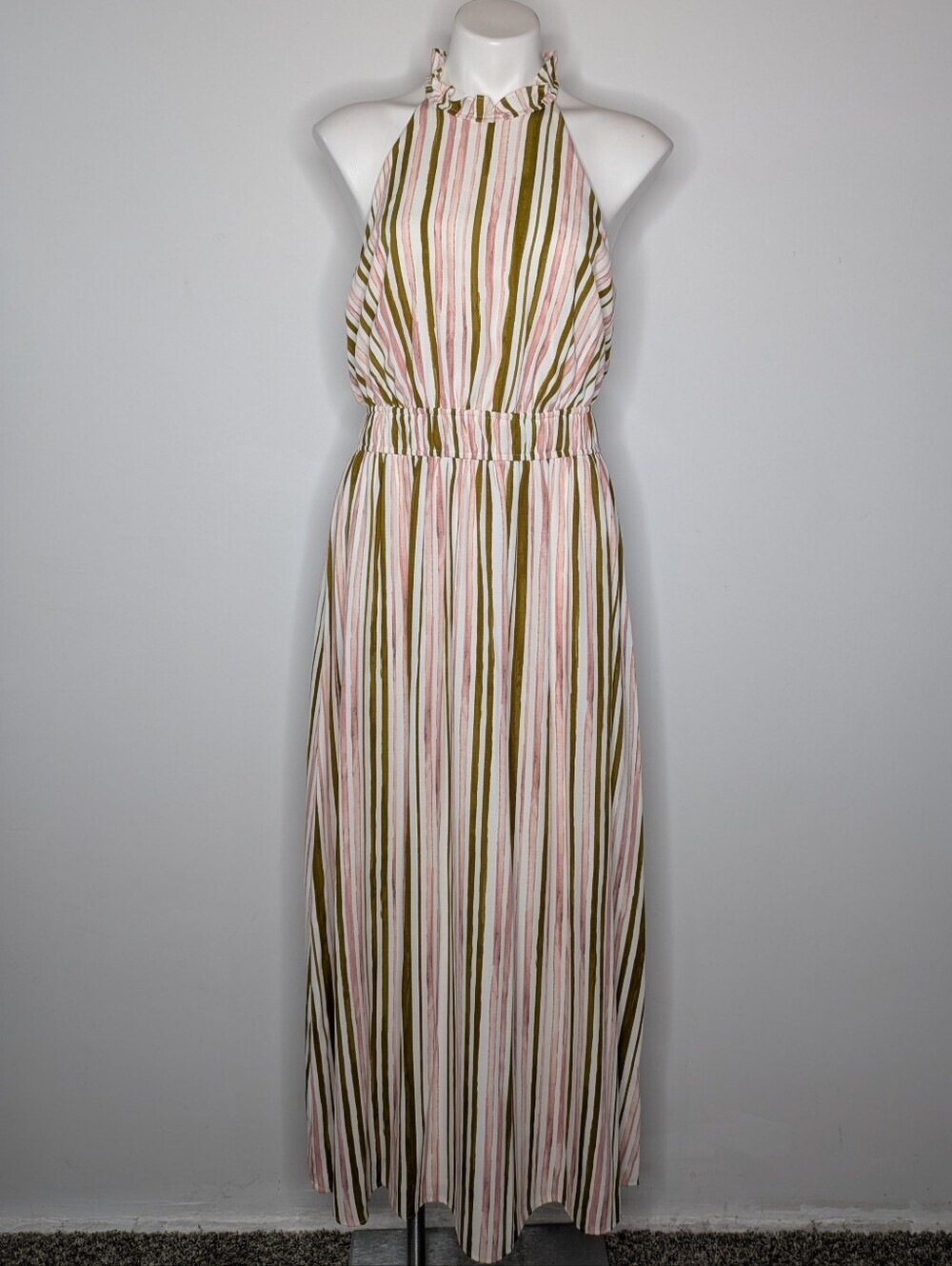 Nine West Pink White Striped Sleeveless Halter Summer Sun Dress M